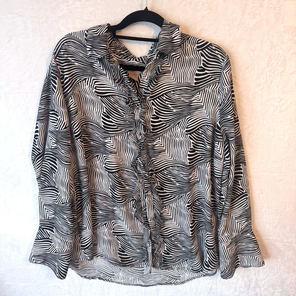 Chico's Blouse Ruffle Front Abstract Zebra Stripe Size 3 XL Black White Women